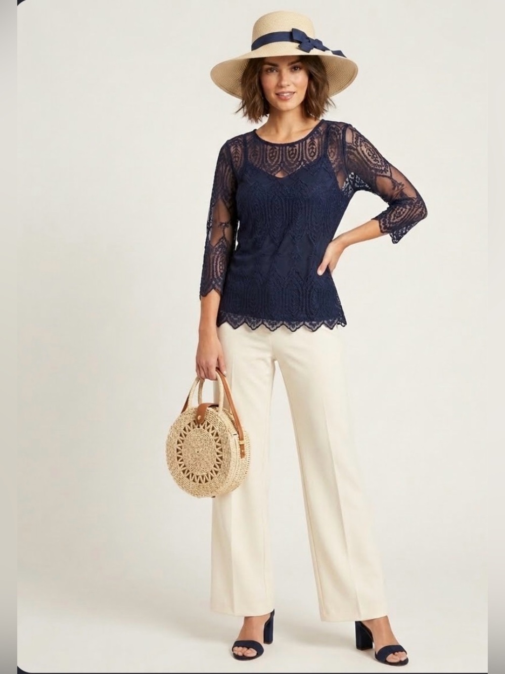 Willi Smith Navy Blue Lace 3/4 Sleeve Blouse